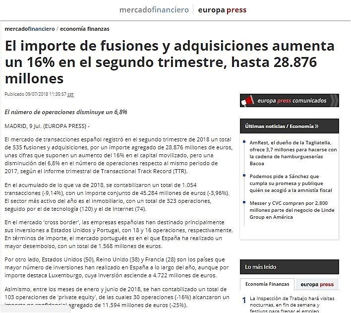 El importe de fusiones y adquisiciones aumenta un 16% en el segundo trimestre, hasta 28.876 millones